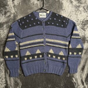 Woolrich Woman Vintage Popcorn Knit Cardigan Sweater Blue Fair Isle Pom Pom L